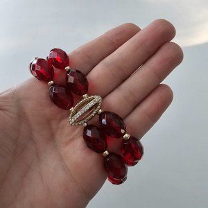 Dana Buchman Gold Tone Double Beaded Faceted Red Ruby Stretch Bracelet NWT